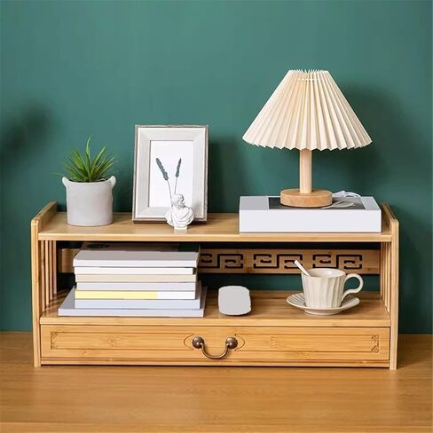 Bookcase Chinese Antique Style Desktop Bookshelf Bamboo Double-Layer Shelf with Drawers Modern in Saudi Arabia