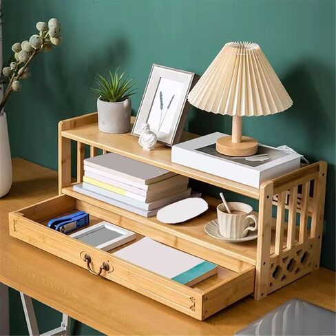 Bookcase Chinese Antique Style Desktop Bookshelf Bamboo Double-Layer Shelf with Drawers Modern in Saudi Arabia