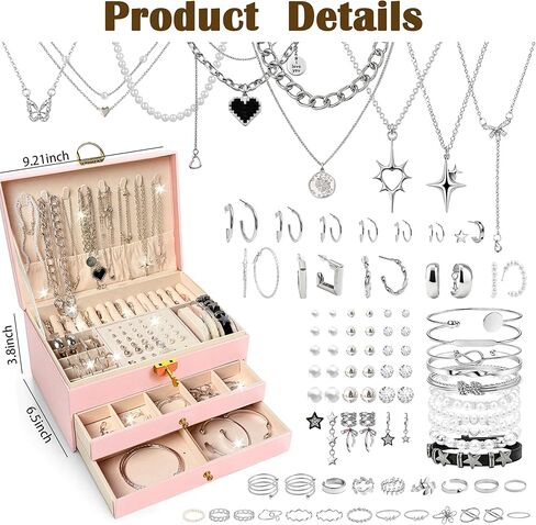 SMUOBT Jewelry Box with Jewelry Set for Women Men - Large Multi-Layer Jewelry Organizer Storage Case with Drawers, Necklace Bracelet Hoop/Stud Earrings Rings Gift Set for Her Him, Unique Birthday Party Gift (Gold/Black Silver) in Saudi Arabia