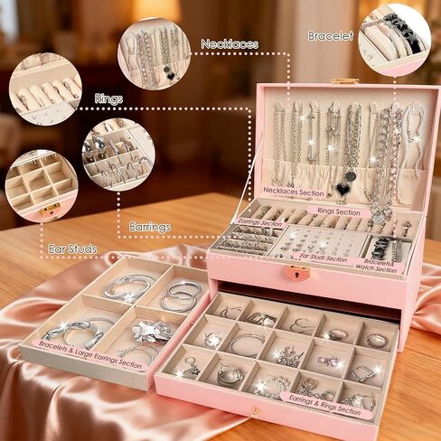 SMUOBT Jewelry Box with Jewelry Set for Women Men - Large Multi-Layer Jewelry Organizer Storage Case with Drawers, Necklace Bracelet Hoop/Stud Earrings Rings Gift Set for Her Him, Unique Birthday Party Gift (Gold/Black Silver) in Saudi Arabia