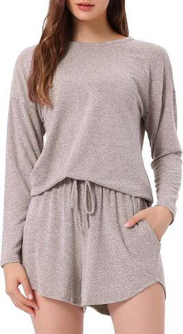 cheibear Womens Lounge Set Long Sleeve Elastic Waistband Top and Shorts Set Loungewear Sweatsuit with Pockets in Saudi Arabia