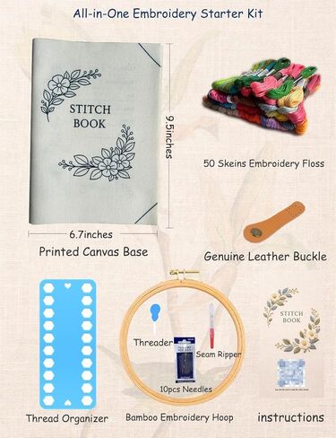 Roofo Embroidery Stitch Book Kit for Beginners, DIY Hand Sewing Embroidery Book 8×6" Starter Set for Adults & Kids,Cross Stitch Kits with Colors Threads and Tools&Video Tutorials in Saudi Arabia