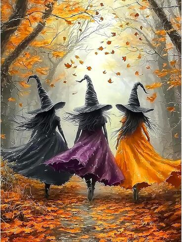 Diamond Art Kits for Adults, 5D Full Drill Fall Diamond Painting Kit, Easy DIY for Beginners, Relaxing Arts and Crafts, Home Decor & Gift, 12x16 Inch(Three Fall Forest Witches) in Kuwait