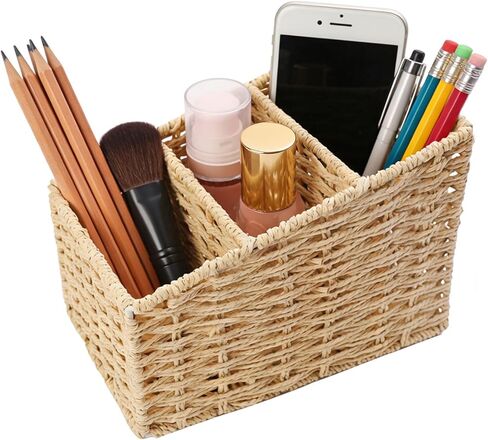 3 Slots Table Desk Organizer Caddy, Rustic Farmhouse Remote Control Holder Makeup Brush Holder for Living Room, Vanity, Office, Bedroom Shelf (8.2x3.9x5.3in) in Kuwait