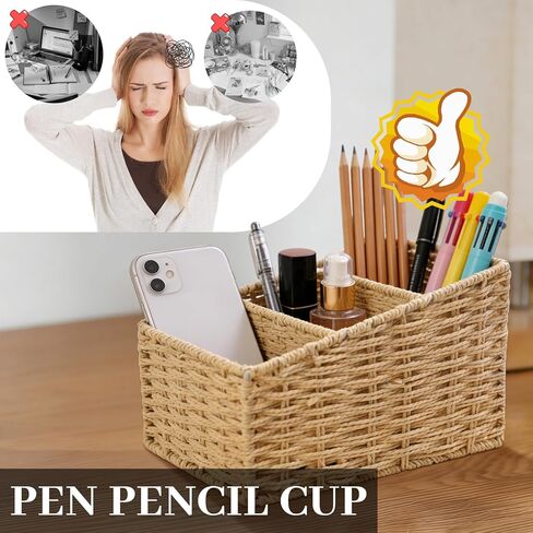 3 Slots Table Desk Organizer Caddy, Rustic Farmhouse Remote Control Holder Makeup Brush Holder for Living Room, Vanity, Office, Bedroom Shelf (8.2x3.9x5.3in) in Kuwait