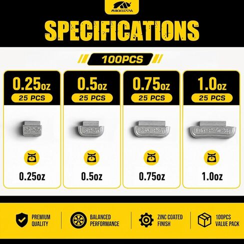 MIKKUPPA 100Pcs P Type Wheel Weights - Zinc Clip on Wheel Weights Assortment, 0.25oz, 0.5oz, 0.75oz, 1.0oz, 25Pcs for Each Style in Kuwait