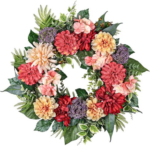 24-Inch Spring Wreath for Front Door with Hydrangeas Dahlias Daisy Silk Flowers and Berry Greenery for All Seasons Indoor Outdoor Wedding Farmhouse Porch Wall Living Room Home Wedding Decor in Saudi Arabia