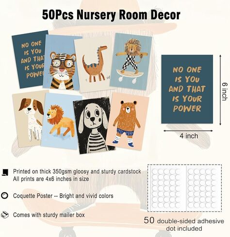 Aroutde 50Pcs Playroom Decor Funny Cartoon Animal Posters Toddler Boy Wall Decor Inspirational Quotes Prints Colorful Printing for Kids Playroom Bedroom Decoration 4x6 Inch in Saudi Arabia