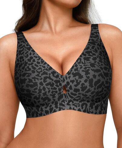 Popilush Seamless Bra Wireless Push Up Bras for Women Full Coverage Bralettes No Underwire Plunge Bra Leopard Black in Saudi Arabia