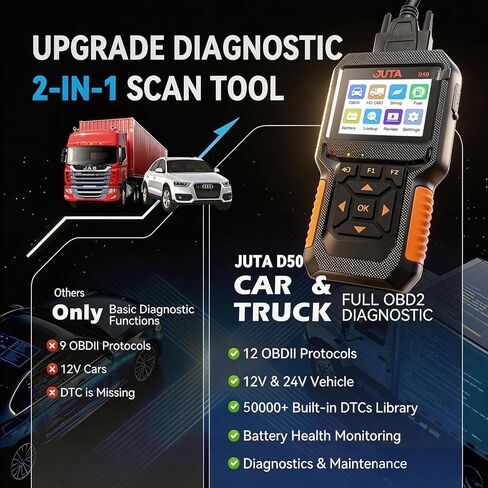 JUTA Heavy Duty Truck Scanner Diesel OBD2 Diagnostic Scan Tool, 2-in-1 Check Engine Code Reader for Car and Truck, Real-Time Data Stream, Battery Test in Saudi Arabia