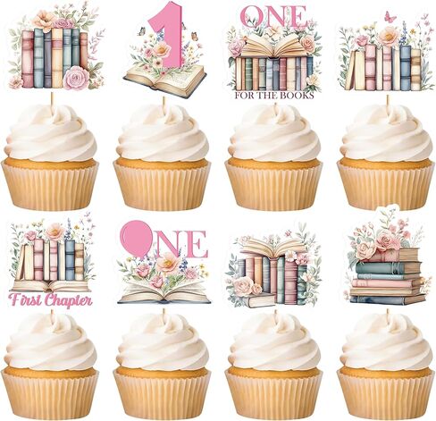 40 Pcs One for the Books Birthday Theme Cupcake Toppers, 1st Birthday Book Theme Cupcake Picks, First Chapter Bookish Baby Party Cake Decorations in Kuwait