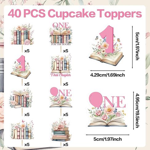 40 Pcs One for the Books Birthday Theme Cupcake Toppers, 1st Birthday Book Theme Cupcake Picks, First Chapter Bookish Baby Party Cake Decorations in Kuwait