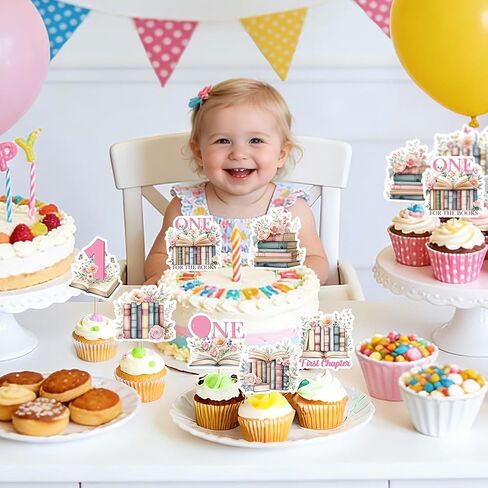 40 Pcs One for the Books Birthday Theme Cupcake Toppers, 1st Birthday Book Theme Cupcake Picks, First Chapter Bookish Baby Party Cake Decorations in Kuwait