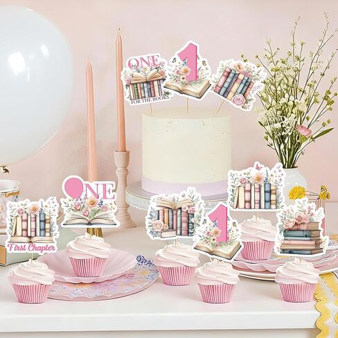 40 Pcs One for the Books Birthday Theme Cupcake Toppers, 1st Birthday Book Theme Cupcake Picks, First Chapter Bookish Baby Party Cake Decorations in Kuwait