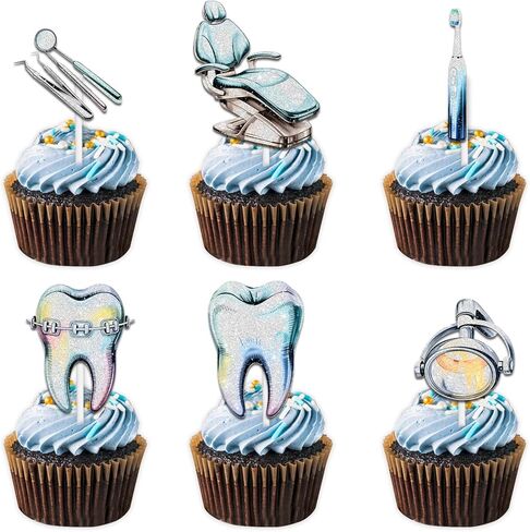 18pcs الأزرق بريق طبيب الأسنان كب كيك توبر يهتف لتنظيف الأسنان موضوع bday حزب الديكور للنساء الرجال عيد ميلاد سعيد ديكور لوازم in Kuwait