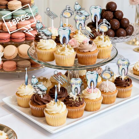 18pcs الأزرق بريق طبيب الأسنان كب كيك توبر يهتف لتنظيف الأسنان موضوع bday حزب الديكور للنساء الرجال عيد ميلاد سعيد ديكور لوازم in Kuwait