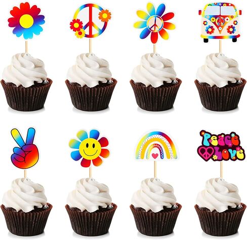 32Pcs Boho Color Hippie Cupcake Toppers Peace Symbol Hand Cupcake Picks Boho Rainbow Piece Love Food Picks for 60's Hippie Birthday Cupcake Decorations Freedom No War Party Supplies in Kuwait