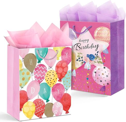 Party Funny Pink & Purple Birthday Gift Bags with Tissue Paper, 2 Pack 13" Medium Paper Gift Bag Set for Women, Girls & Teens, Happy Birthday Present Bags in Kuwait
