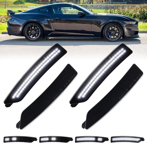 Dynamic White LED Side Marker Lights for 2024 2025 Ford Mustang S650 Dark Horse EcoBoost GT GTD Sequential Front Rear Bumper Reflector Signal Lamp, 4PCS Smoked Lens in Kuwait