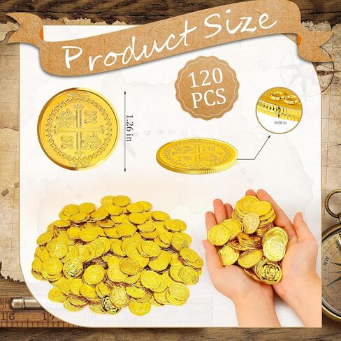 120 PCS Plastic Pirate Coins, Gold Treasure Coins, Fake Gold Coins, St. Patrick's Day Lucky Coins Toys for Pirate Halloween Themed Party Favors Hunt Beast Board Supplies in Kuwait
