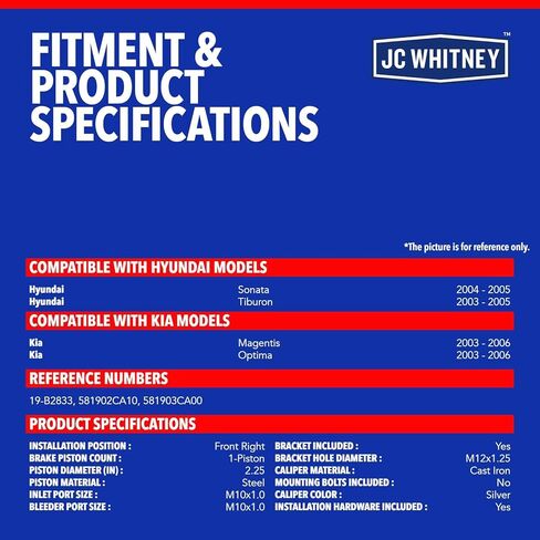 مجموعة فرجار الفرامل الأمامية اليمنى JC Whitney JFBAJCWBC00894 مع دعامة - متوافقة مع Hyundai Sonata 2004-2005، Tiburon 2003-2005، Kia Optima 2003-2006، Magentis 2003-2006 in Kuwait