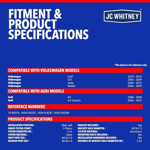 JC Whitney JFBAJCWBC00193 مجموعة فرجار الفرامل الخلفية اليسرى مع دعامة - متوافقة مع Volkswagen Jetta 05-10، Golf 10، GTI 06-09، Rabbit 06-09، Audi A3 08، A3 Quattro 06-07 in Kuwait