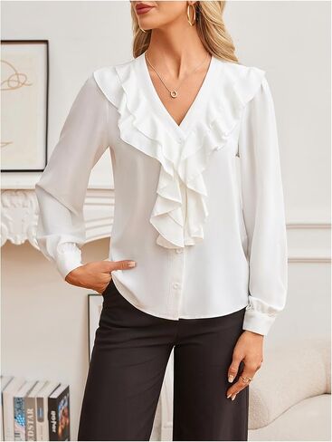 MakeMeChic Women's V Neck Puff Sleeve Ruffle Trim Button Front Blouse Shirt Tops in Saudi Arabia