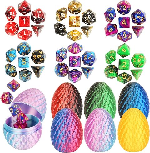 BLSFXROE 6PCS Easter 3D Printed Eggs & 6 DND Dice Sets, Polyhedral Dungeons and Dragons Dice with Clear Numbers, Durable Acrylic RPG Dice for Easter Basket Stuffers, DND Players & Fantasy Enthusiasts in Saudi Arabia
