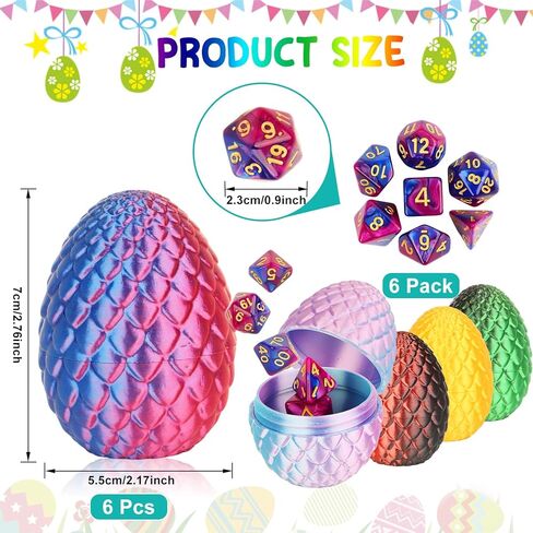 BLSFXROE 6PCS Easter 3D Printed Eggs & 6 DND Dice Sets, Polyhedral Dungeons and Dragons Dice with Clear Numbers, Durable Acrylic RPG Dice for Easter Basket Stuffers, DND Players & Fantasy Enthusiasts in Saudi Arabia