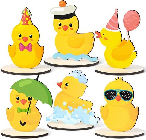 6 Pcs Yellow Duck Wooden Centerpieces Funny Little Duck Figurines Bubble Bath Theme Tabletop Decorations for Baby Shower Birthday Nursery Party Tiered Tray Farmhouse Desk Home Rustic Wood Decor in Saudi Arabia