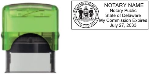 Delaware Notary Stamp | Shiny S-854 Self Inking Stamp (Green Body) 2.3x0.81" Rectangular Imprints with Delaware State Seal Image in Kuwait