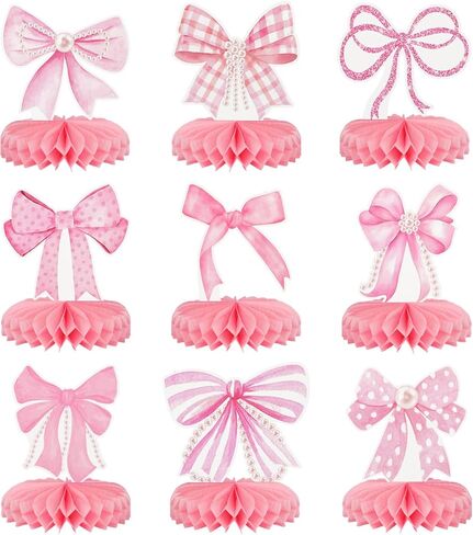 9Pcs Pink Bow Party Honeycomb Centerpieces Decorations, 3D Coquette Birthday Decorations, Pink Bow Table Decor for Birthday Bachelorette Bridal Party in Kuwait