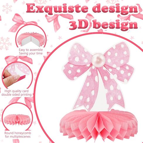 9Pcs Pink Bow Party Honeycomb Centerpieces Decorations, 3D Coquette Birthday Decorations, Pink Bow Table Decor for Birthday Bachelorette Bridal Party in Kuwait