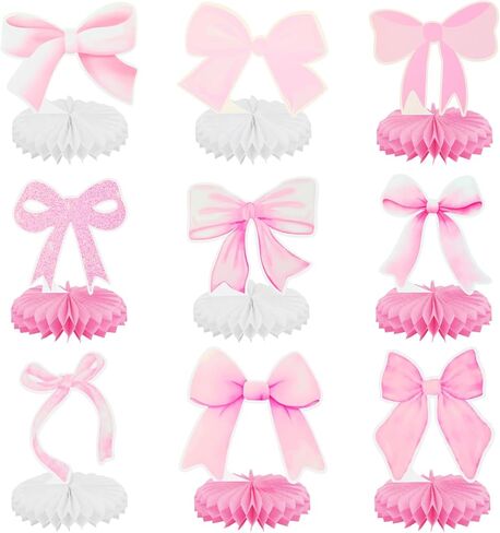 9Pcs Pink Bow Party Honeycomb Centerpieces Decorations, 3D Coquette Birthday Decorations, Pink Bow Table Decor for Birthday Bachelorette Bridal Party in Kuwait