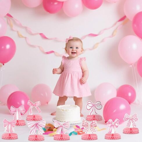 9Pcs Pink Bow Party Honeycomb Centerpieces Decorations, 3D Coquette Birthday Decorations, Pink Bow Table Decor for Birthday Bachelorette Bridal Party in Kuwait