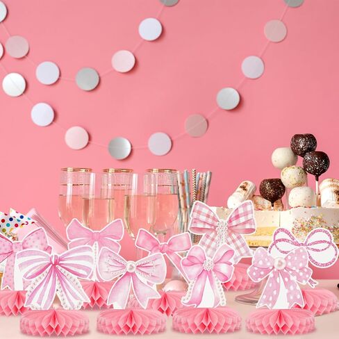 9Pcs Pink Bow Party Honeycomb Centerpieces Decorations, 3D Coquette Birthday Decorations, Pink Bow Table Decor for Birthday Bachelorette Bridal Party in Kuwait