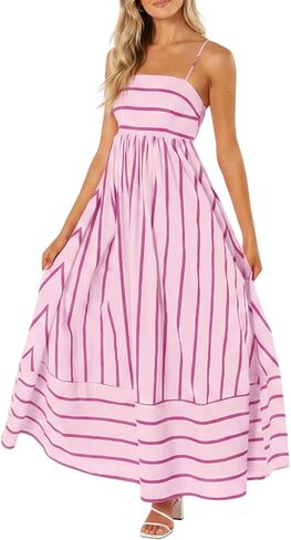 yoeasy Women's Striped Spaghetti Strap Cutout Maxi Dress Sleeveless Backless Flowy Swing Long Dress in Kuwait