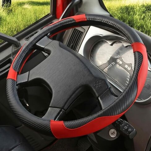 18 Inch Semi Truck Steering Wheel Cover - Carbon Fiber Pattern & Faux Leather, Anti-Slip Grip, Breathable Comfort for Long-Haul Drivers - Black Red in Kuwait