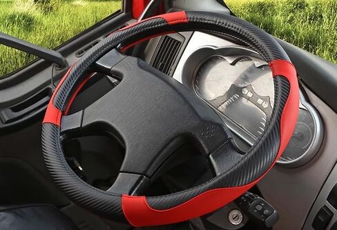 18 Inch Semi Truck Steering Wheel Cover - Carbon Fiber Pattern & Faux Leather, Anti-Slip Grip, Breathable Comfort for Long-Haul Drivers - Black Red in Kuwait