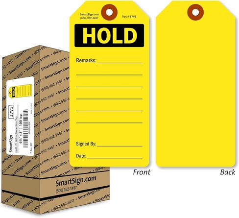SmartSign 100 عبوة من علامات "Hold" باللون الأصفر الفلورسنت في صندوق، 3 بوصة × 6.25 بوصة، علامات بطاقات سميكة للكتابة على 13pt، فتحة مزدوجة الجوانب، مثقوبة مسبقًا مع رقعة ألياف، للمعدات، وحالة المخزون in Kuwait
