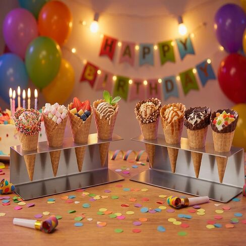 2 Pcs Ice Cream Cone Holder Stainless Steel Waffle Cone Holder with 4 Holes 10.6 x 3.7 x 3.5 Inches Cupcake Sugar Cone Holder Stand Rack Display Cotton Candy Holder for Party Buffets in Saudi Arabia