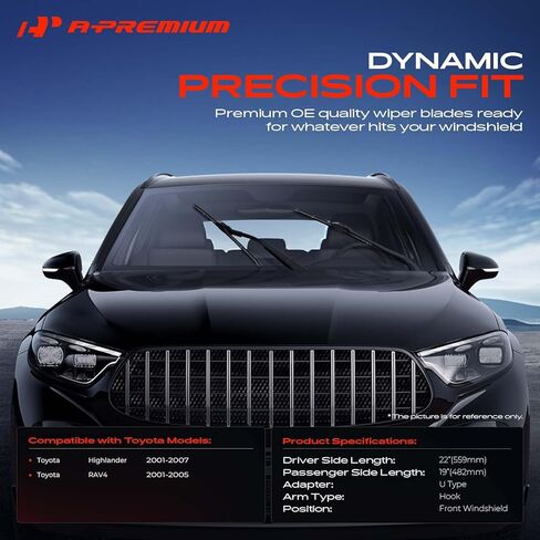 شفرات ممسحة الزجاج الأمامي A-Premium 22 بوصة + 19 بوصة متوافقة مع Toyota RAV4 2001-2005، Highlander 2001-2007 - تناسب ذراع ممسحة J-Hook، مع مؤشر التآكل والمنشفة، اليسار واليمين (عبوة من قطعتين) in Kuwait