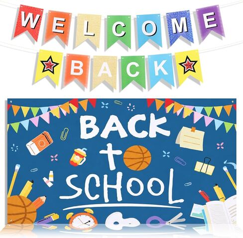 Welcome Back to School Bulletin Board Set, Back to School Banner and Backdrop for Classroom Wall, First Day Photo Prop Hanging Sign Poster for Elementary Teacher (Background+Flag Pulling) in Saudi Arabia