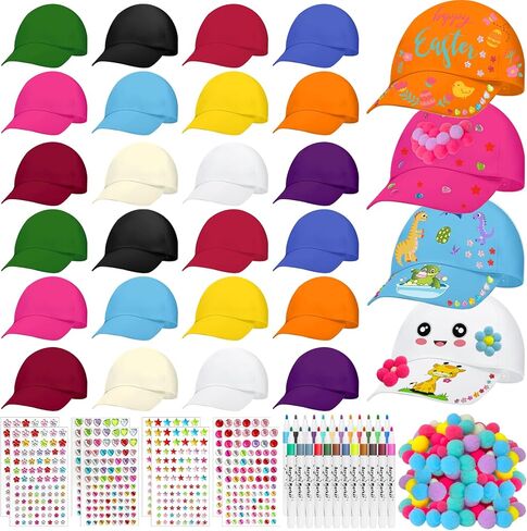 Gaiaring 24 Sets DIY Baseball Caps Include 24 White Baseball Hats 24 Color Pens 140 Multicolored Pompoms 8 Sheets Diamond Stickers for Classroom Activity Birthday Party Camp Outdoor Sports in Saudi Arabia