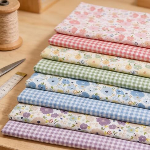8 Pieces 10 x 10 in Cotton Twill Fabric, Spring Floral & Gingham Print Precut Patchwork Fabric, for DIY Quilting, Sewing & Home Decor in Kuwait