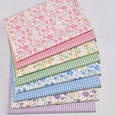 8 Pieces 10 x 10 in Cotton Twill Fabric, Spring Floral & Gingham Print Precut Patchwork Fabric, for DIY Quilting, Sewing & Home Decor in Kuwait