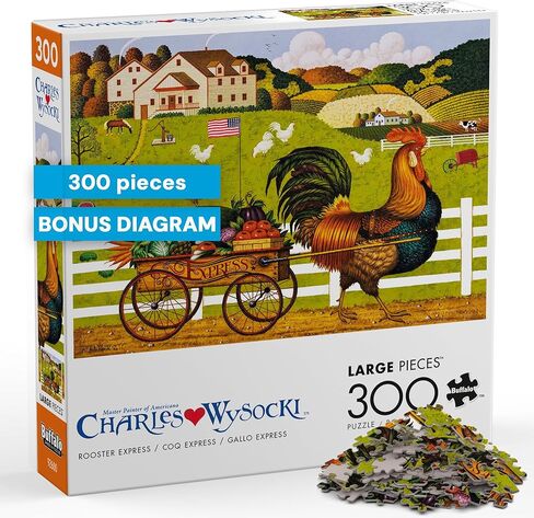 Buffalo Games Charles Wysocki Rooster Express 300 Piece Jigsaw Puzzle - Rectangular, 21.25 x 15 in - 300 Piece Puzzles for Adults - Easy Grip - Reference Poster Included in Kuwait