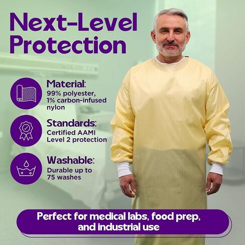 Pack of 1 | Phoenix Reusable AAMI Level 2 Isolation Gowns Longsleeve with Elastic Cuffs, Universal Size, Yellow PPE Protective 99% Filament Polyester and 1% Carbon-Infused Filament Nylon in Saudi Arabia