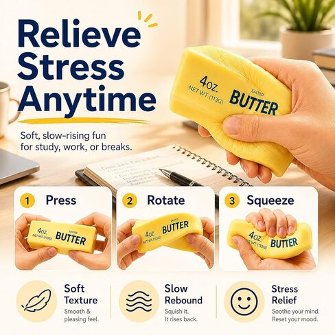 Butter Squishy Toy, Slow Rising Fake Butter Squeeze Toy, Soft Food Squishy Fidget Toy for Desk, Funny Gag Gift for Adults Teens in Saudi Arabia