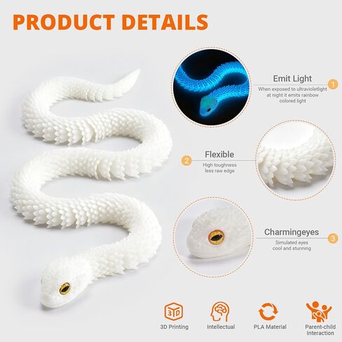 24inch Glow in the Dark 3D Printed Snake Toy, Flexible Snake Fidget Toy for ADHD Anxiety Stress Relief, Cool Desk Pet Animal that Glows at Night, Unique Birthday Gifts for Boys Girls in Saudi Arabia